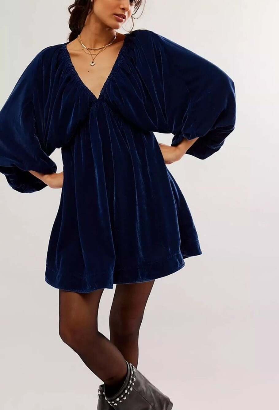 Free People Portia Velvet Mini Dress Midnight Rain Navy Blue Size XS NEW